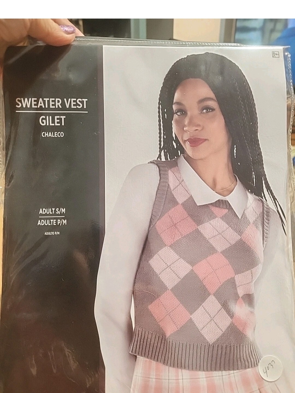 Sweater Vest Womens S/M Argyle Pink Gray 90s Preppy Halloween Costume #4037